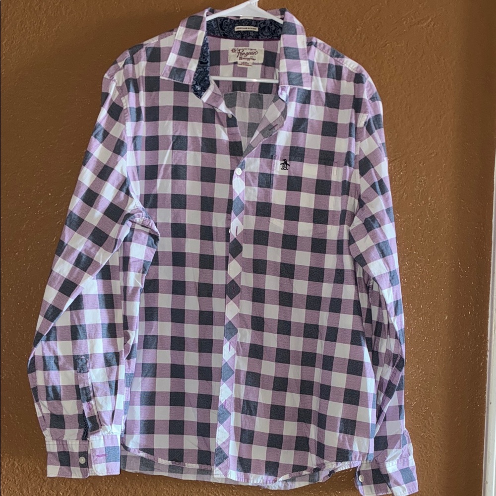 Original Penguin Men's Lavender and White Check Button-Down Shirt